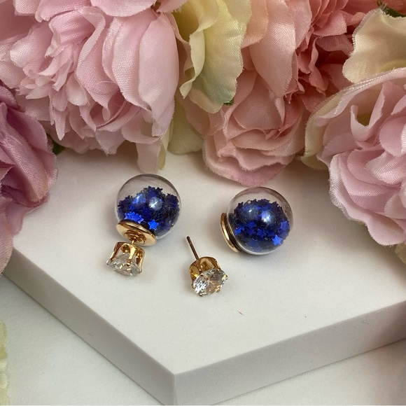 Double Stud Blue Star Confetti Crystal Earrings - Picture 9 of 16